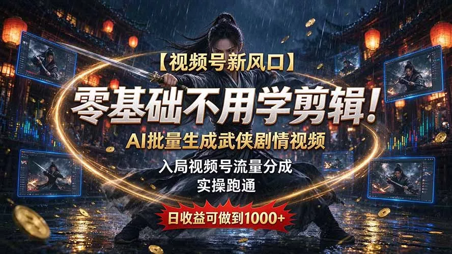 【视频号新风口】零基础不用学剪辑!AI 批量生成武侠剧情视频,入局视频号流量分成,实操跑通,日收益可做到 1000+-羽哥创业课堂