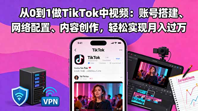 从0到1做TikTok中视频：账号搭建、网络配置、内容创作，轻松实现月入过万-羽哥创业课堂