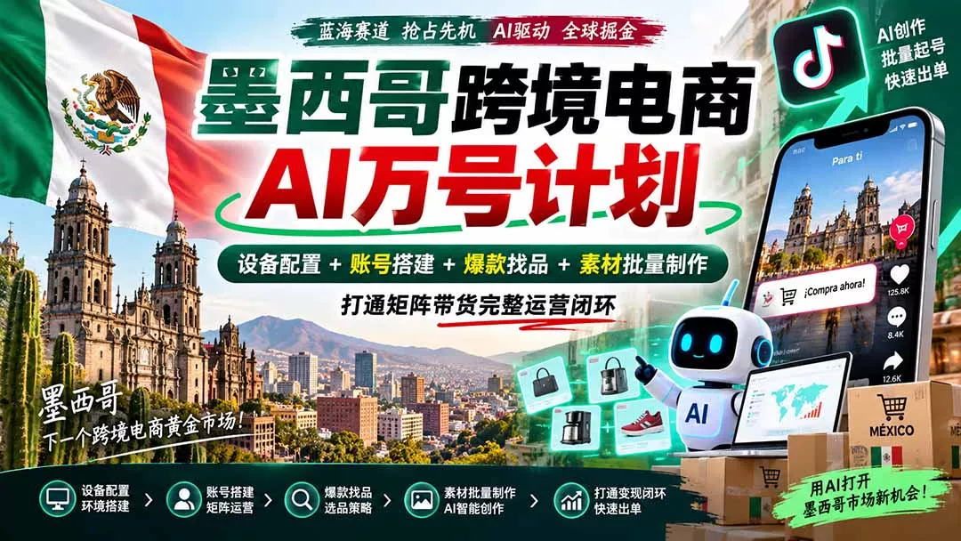 墨西哥AI跨境电商万号计划|设备配置+账号搭建+爆款找品+素材批量制作,打通矩阵带货完整运营闭环-羽哥创业课堂