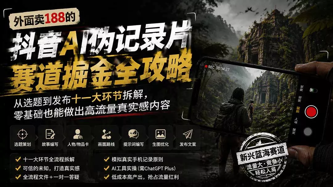外面卖188的抖音AI伪记录片赛道掘金全攻略；从选题到发布十一大环节拆解，零基础也能做出高流量真实感内容-羽哥创业课堂