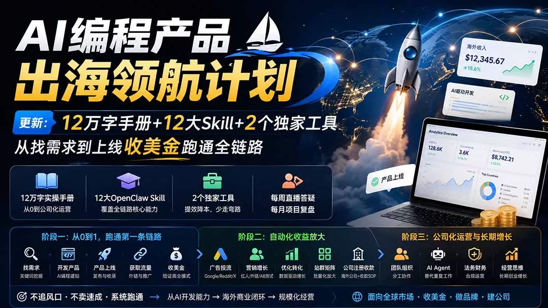 AI编程产品出海领航计划-更新：12万字手册+12大Skill+2个独家工具，从找需求到上线收美金跑通全链路-羽哥创业课堂