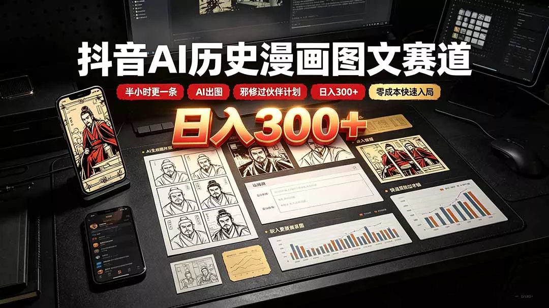 抖音AI历史漫画图文赛道：半小时更一条×AI出图×邪修过伙伴计划×日入300+，零成本快速入局-羽哥创业课堂
