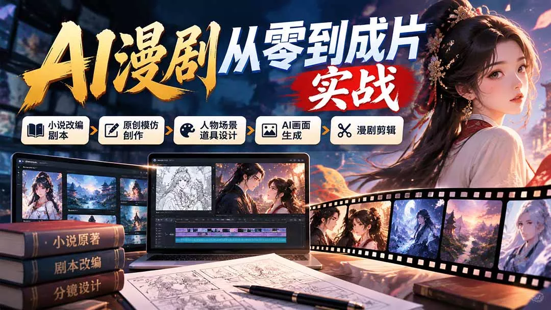 AI漫剧从零到成片实战:小说改编剧本、原创模仿创作、人物场景道具设计、AI画面生成与漫剧剪辑-羽哥创业课堂