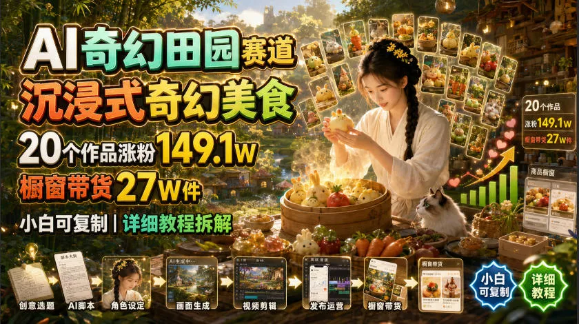 AI奇幻田园赛道，沉浸式奇幻美食，20个作品涨粉149.1W，橱窗带货27W件，小白可复制，详细教程拆解-羽哥创业课堂