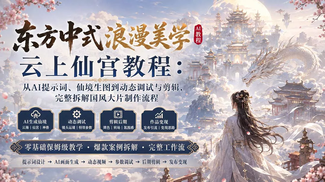 东方中式浪漫美学云上仙宫教程：从AI提示词、仙境生图到动态调试与剪辑，完整拆解国风大片制作流程-羽哥创业课堂