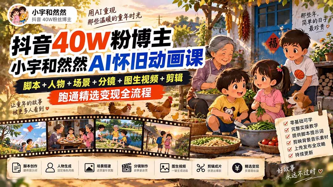 抖音40W粉博主小宇和然然AI怀旧动画课|脚本+人物+场景+分镜+图生视频+剪辑,跑通精选变现全流程-羽哥创业课堂