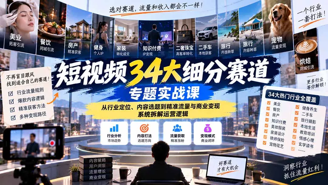 短视频34大细分赛道专题实战课:从行业定位、内容选题到精准流量与商业变现,系统拆解运营逻辑-羽哥创业课堂