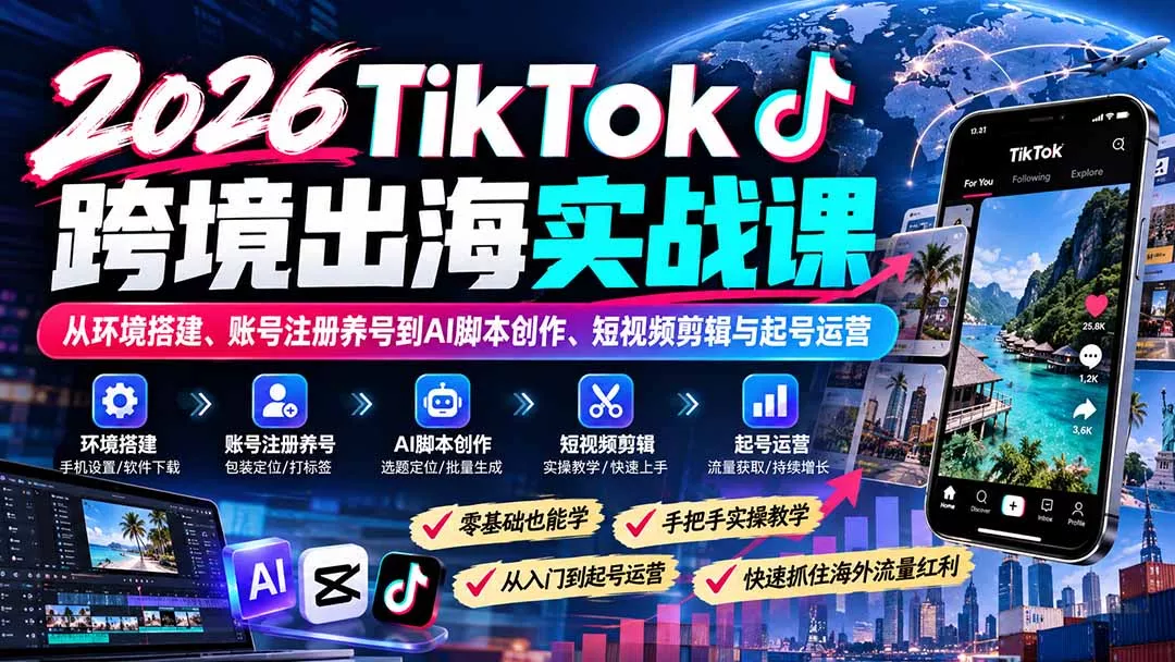 2026TikTok跨境出海实战课:从环境搭建、账号注册养号到AI脚本创作、短视频剪辑与起号运营-羽哥创业课堂