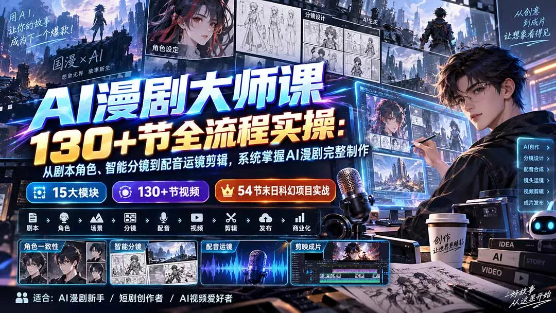 AI漫剧大师课130+节全流程实操:从剧本角色、智能分镜到配音运镜剪辑,系统掌握AI漫剧完整制作-羽哥创业课堂