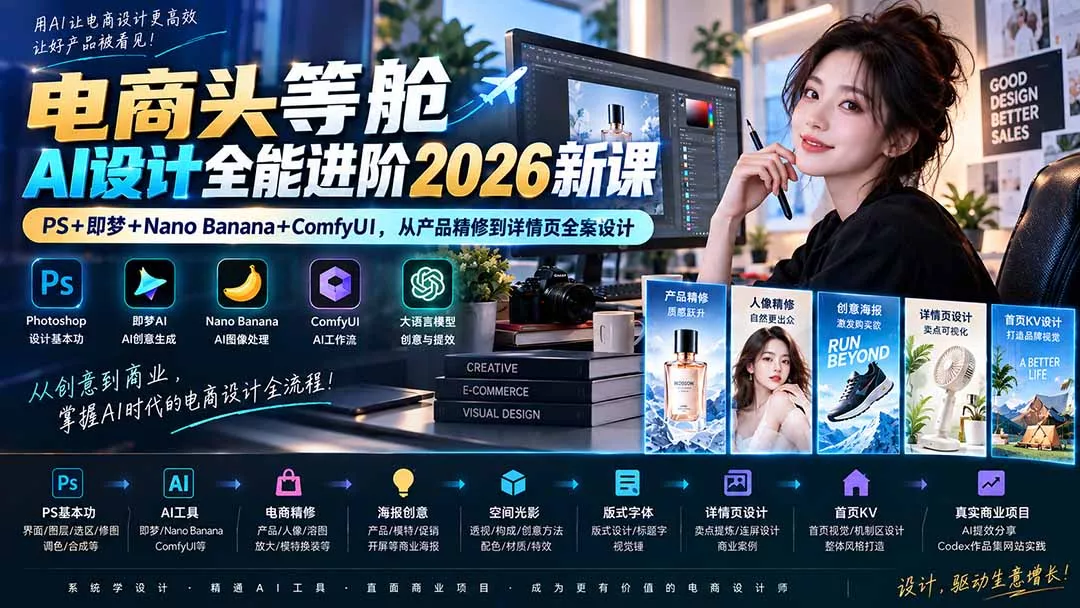 电商头等舱AI设计全能进阶2026新课：PS+即梦+Nano Banana+ComfyUI，从产品精修到详情页全案设计-羽哥创业课堂