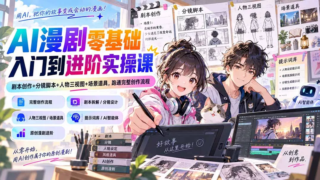 AI漫剧零基础入门到进阶实操课:剧本创作+分镜脚本+人物三视图+场景道具,跑通完整创作流程-羽哥创业课堂