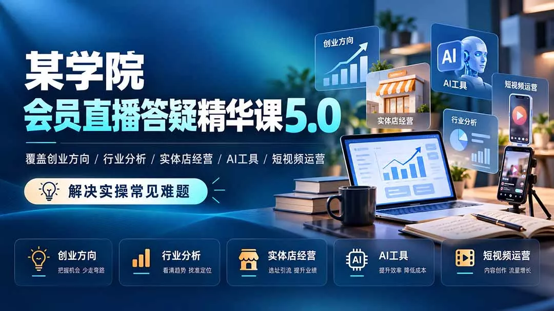 某学院会员直播答疑精华课5.0:覆盖创业方向、行业分析、实体店经营、AI工具和短视频运营,解决实操常见难题!-羽哥创业课堂