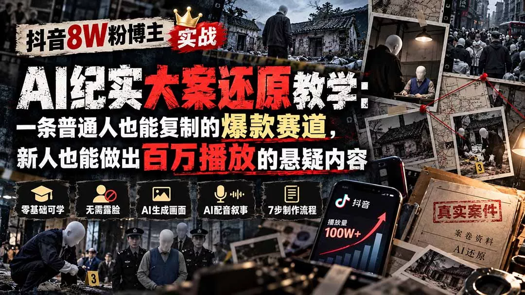 抖音8W粉博主AI纪实大案还原教学:一条普通人也能复制的爆款赛道,新人也能做出百万播放的悬疑内容-羽哥创业课堂