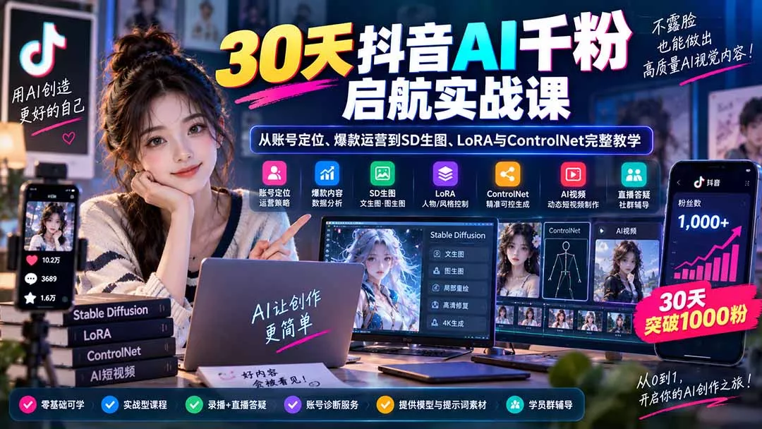 30天抖音AI千粉启航实战课:从账号定位、爆款运营到SD生图、LoRA与ControlNet完整教学-羽哥创业课堂