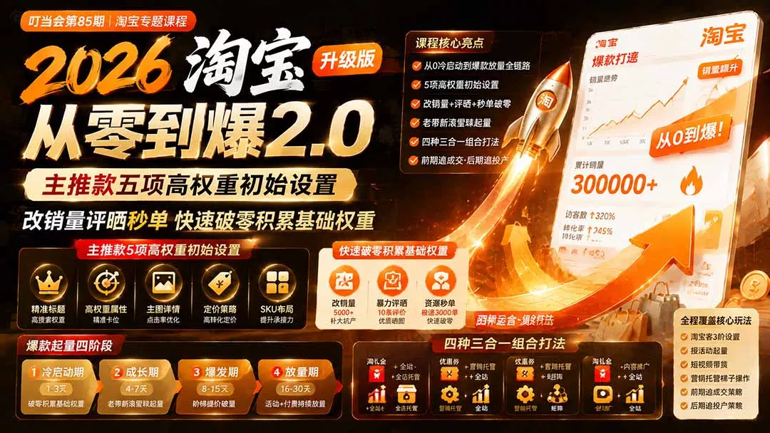 2026淘宝从零到爆2.0第85期；主推款五项高权重初始设置，改销量评晒秒单快速破零积累基础权重-羽哥创业课堂