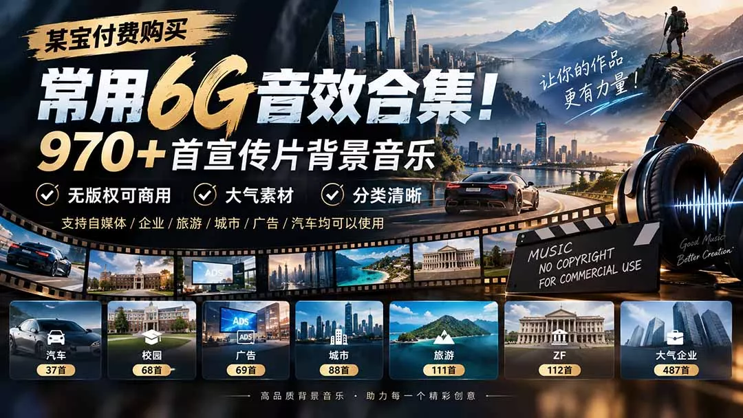 某宝付费购买，常用6G音效合集！970+首宣传片背景音乐，无版权可商用大气素材，分类清晰-羽哥创业课堂