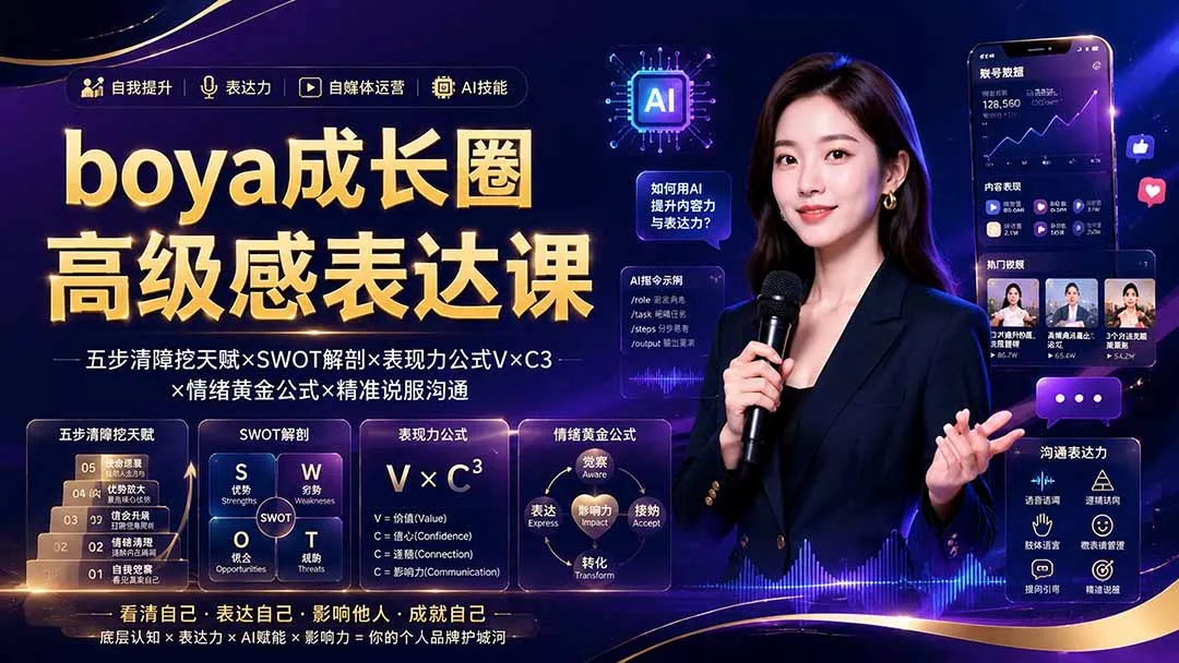 boya成长圈｜内心成长高级表达AI自媒体三合一，消解内耗挖掘天赋，镜头沟通AI指令短视频全流程教学-羽哥创业课堂