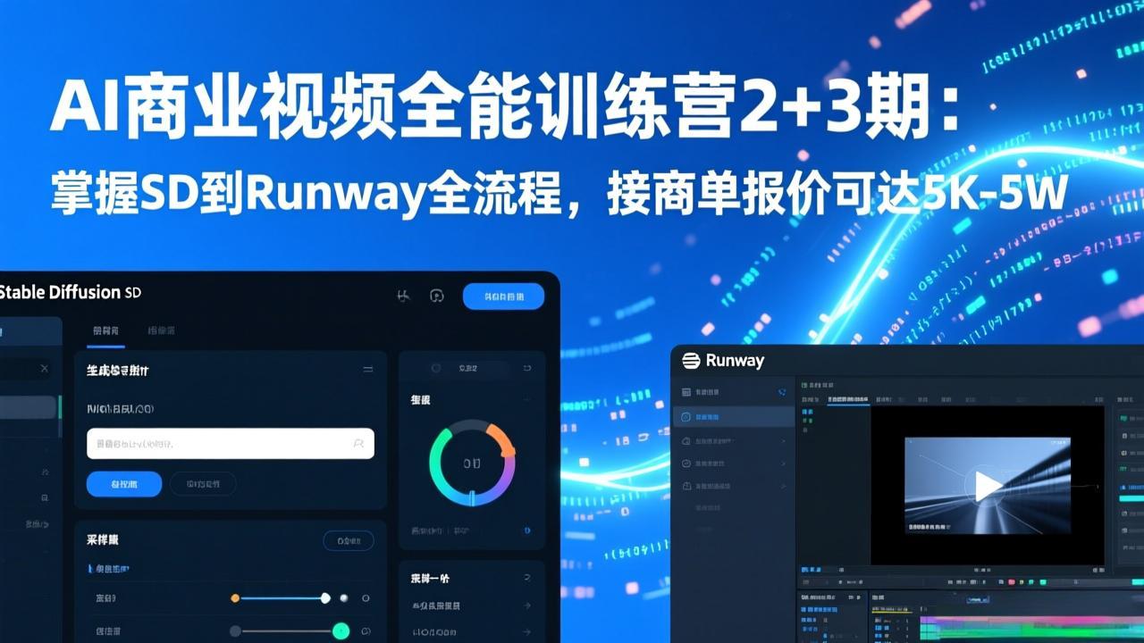 AI商业视频全能训练营2+3期：掌握SD到Runway全流程，接商单报价可达5K-5W-羽哥创业课堂