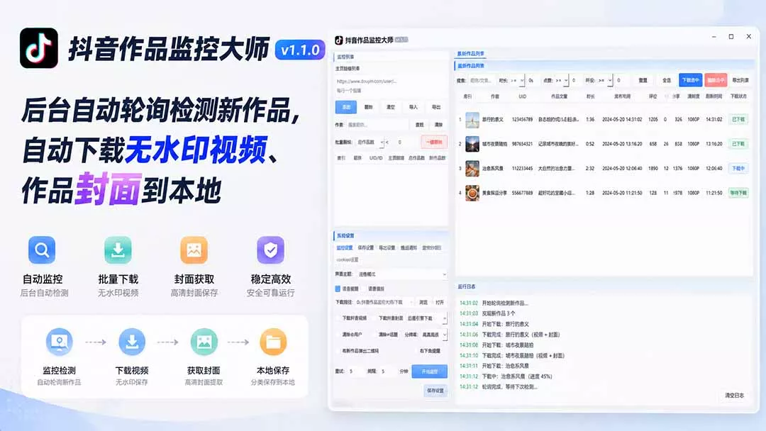 抖音作品监控大师v1.1.0:后台自动轮询检测新作品,自动下载无水印视频、作品封面到本地-羽哥创业课堂
