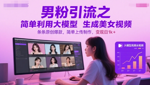 男粉引流之简单利用大模型生成美女视频，条条原创爆款，简单上传制作，变现日1k+-羽哥创业课堂