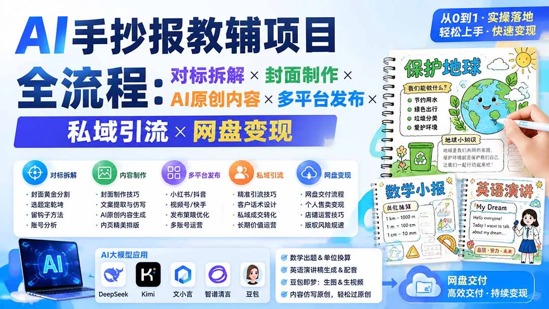AI手抄报教辅项目全流程：对标拆解×封面制作×AI原创内容×多平台发布×私域引流×网盘变现-羽哥创业课堂