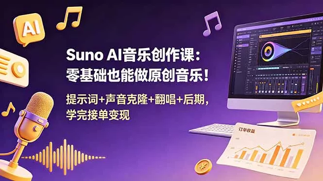 Suno AI音乐创作课:零基础也能做原创音乐!提示词+声音克隆+翻唱+后期,学完接单变现-羽哥创业课堂