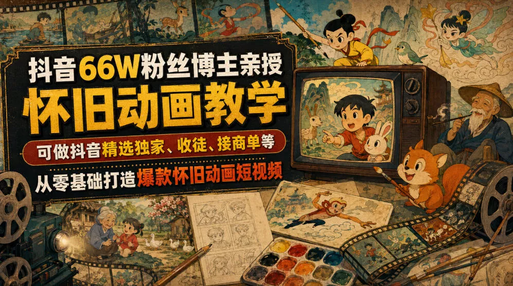 抖音66W粉丝博主亲授怀旧动画教学，可做抖音精选独家、收徒、接商单等，从零基础打造爆款怀旧动画短视频-羽哥创业课堂