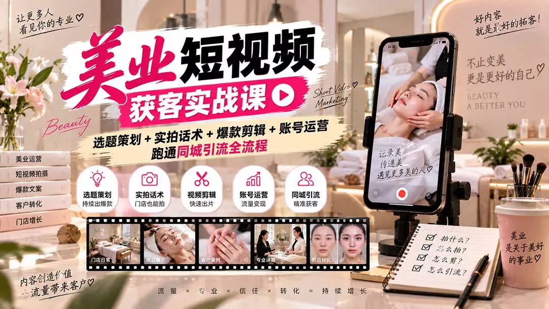 美业短视频获客实战课-无水印:选题策划+实拍话术+爆款剪辑+账号运营,跑通同城引流全流程-羽哥创业课堂