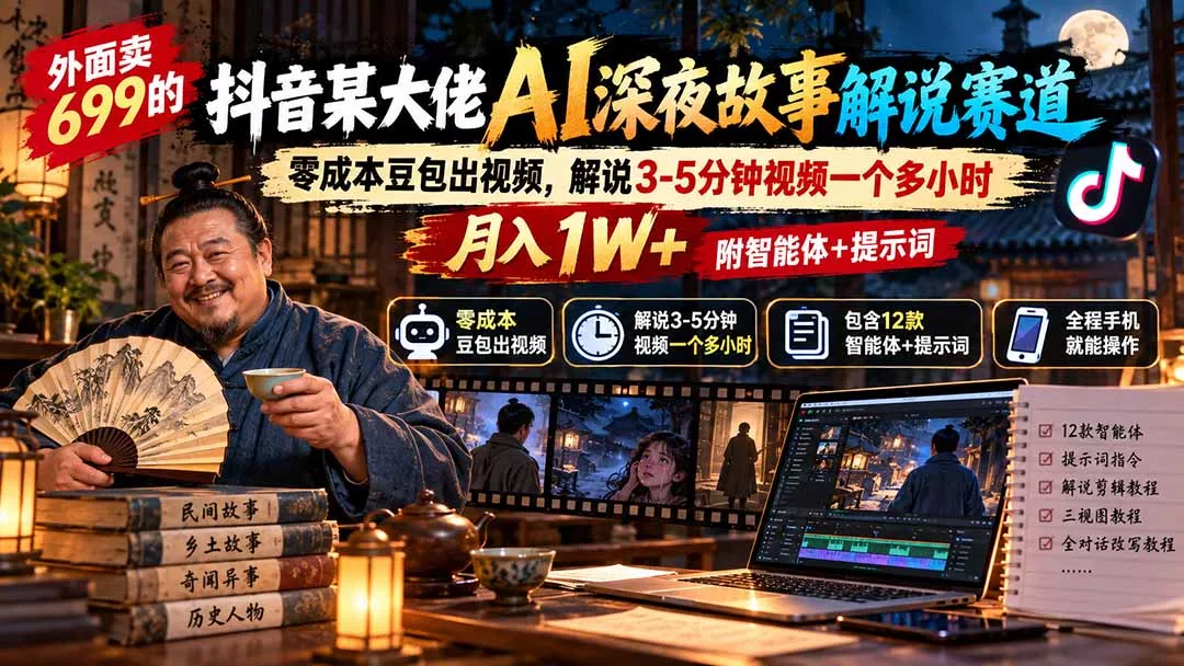 外面卖699的抖音某大佬AI深夜故事解说赛道:零成本豆包出视频,解说3-5分钟视频一个多小时,月入1W+附智能体+提示词-羽哥创业课堂