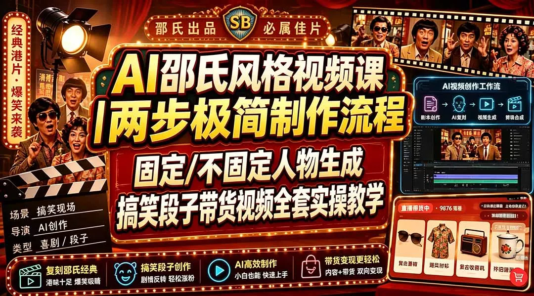 AI邵氏风格视频课｜两步极简制作流程，固定/不固定人物生成，搞笑段子带货视频全套实操教学-羽哥创业课堂
