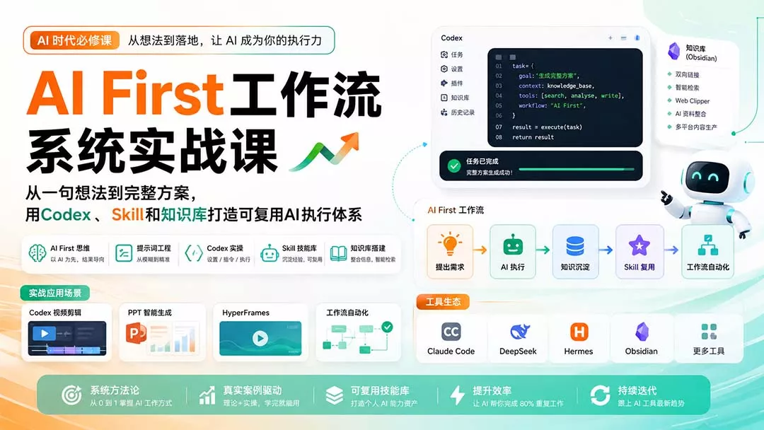 AI First工作流系统实战课:从一句想法到完整方案,用Codex、Skill和知识库打造可复用AI执行体系 AI First工作流系统实战课:从一句想法到完整方案,用Codex、Skill和知识库打造可复用AI执行体系