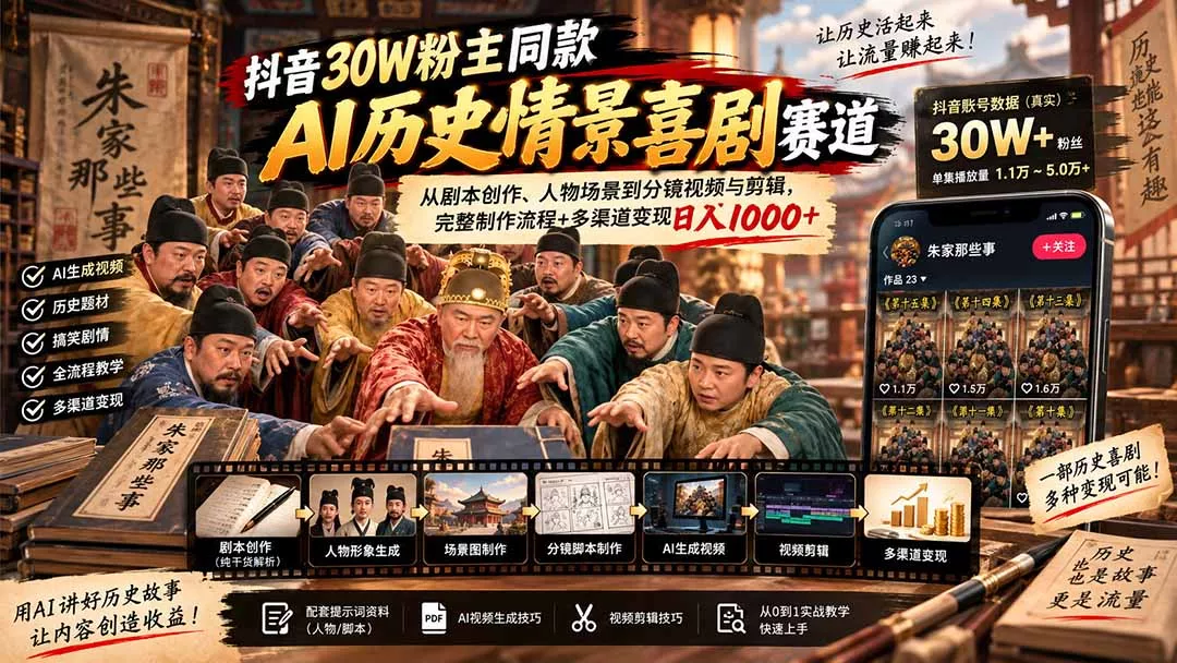 抖音30W粉博主同款AI历史情景喜剧赛道：从剧本创作、人物场景到分镜视频与剪辑，完整制作流程+多渠道变现日入1000+-羽哥创业课堂