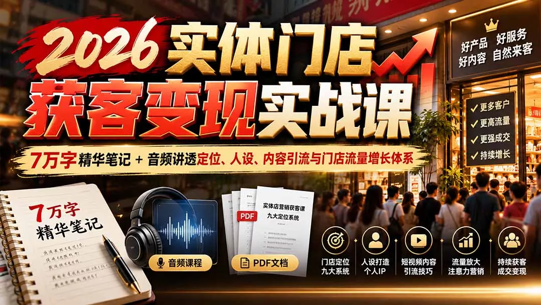 2026实体门店获客变现实战课:7万字精华笔记+音频讲透定位、人设、内容引流与门店流量增长体系-羽哥创业课堂