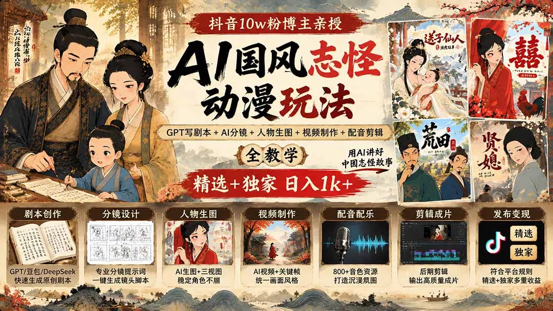 抖音10w粉博主亲授AI国风志怪动漫玩法|GPT写剧本+AI分镜+人物生图+视频制作+配音剪辑全教学|精选+独家日入1k+-羽哥创业课堂