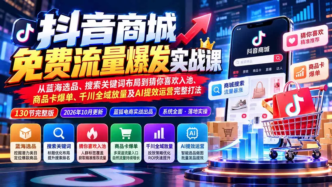 抖音商城免费流量爆发实战:从蓝海选品、搜索关键词布局到猜你喜欢入池、商品卡爆单、千川全域放量及AI提效完整打法 抖音商城免费流量爆发实战:从蓝海选品、搜索关键词布局到猜你喜欢入池、商品卡爆单、千川全域放量及AI提效完整打法