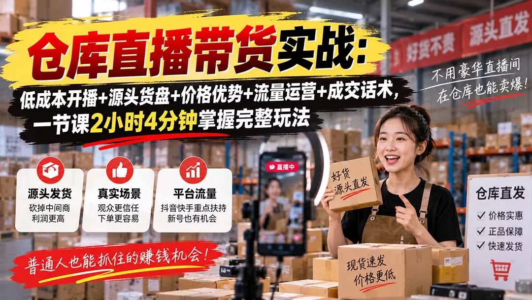 仓库直播带货实战：低成本开播+源头货盘+价格优势+流量运营+成交话术，一节课2小时4分钟掌握完整玩法-羽哥创业课堂