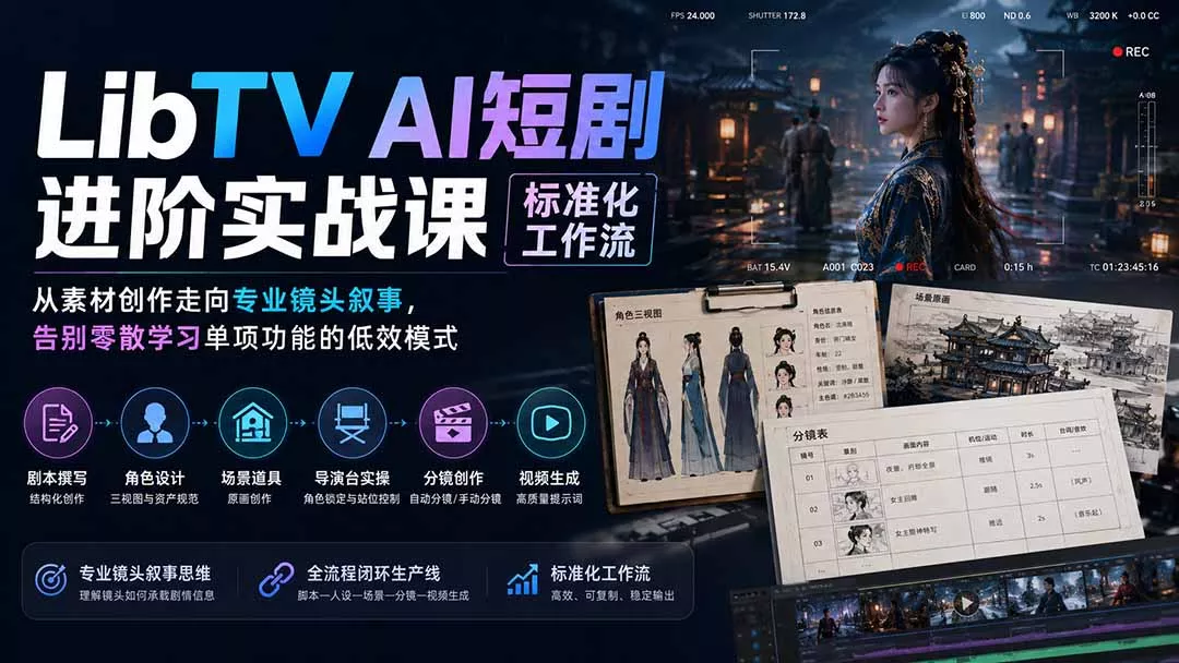 LibTV AI短剧进阶实操课标准化工作流；从素材创作走向专业镜头叙事，告别零散学习单项功能的低效模式-羽哥创业课堂