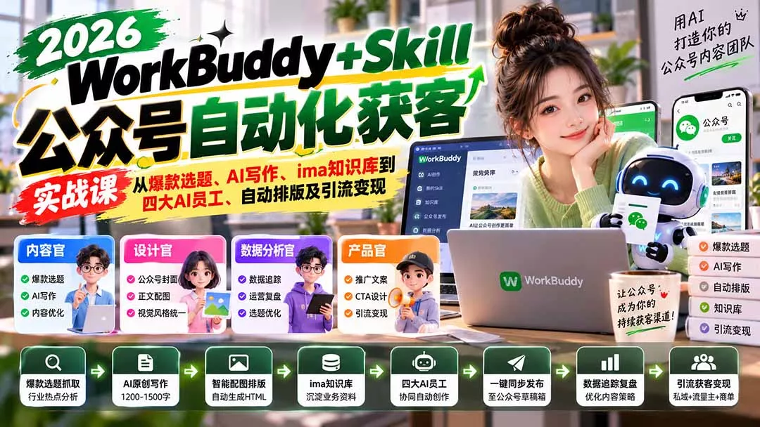WorkBuddy + Skill公众号自动化获客实战课：从爆款选题、AI写作、ima知识库到四大AI员工、自动排版及引流变现-羽哥创业课堂