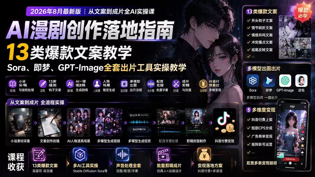 AI漫剧创作落地指南|13类爆款文案教学,Sora、即梦、GPT-Image全套出片工具实操教学-羽哥创业课堂