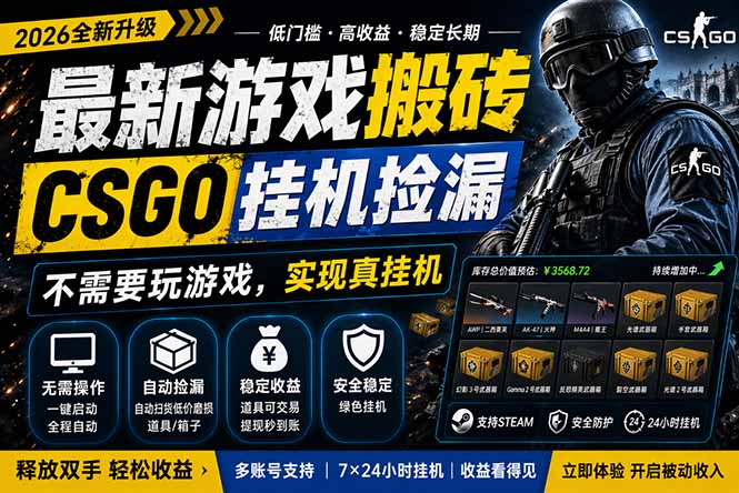 最新游戏搬砖，CSGO纯挂机，不需要玩游戏，实现真挂机，月入1W+，五一小高峰上车可吃肉，…-羽哥创业课堂