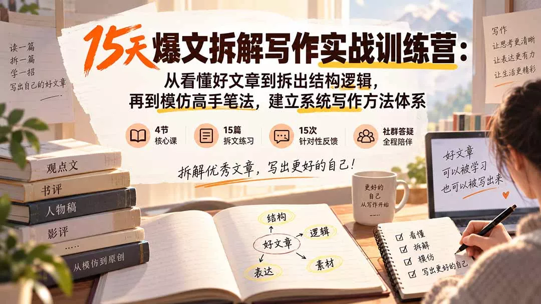 15天爆文拆解写作实战训练营:从看懂好文章到拆出结构逻辑,再到模仿高手笔法,建立系统写作方法体系-羽哥创业课堂