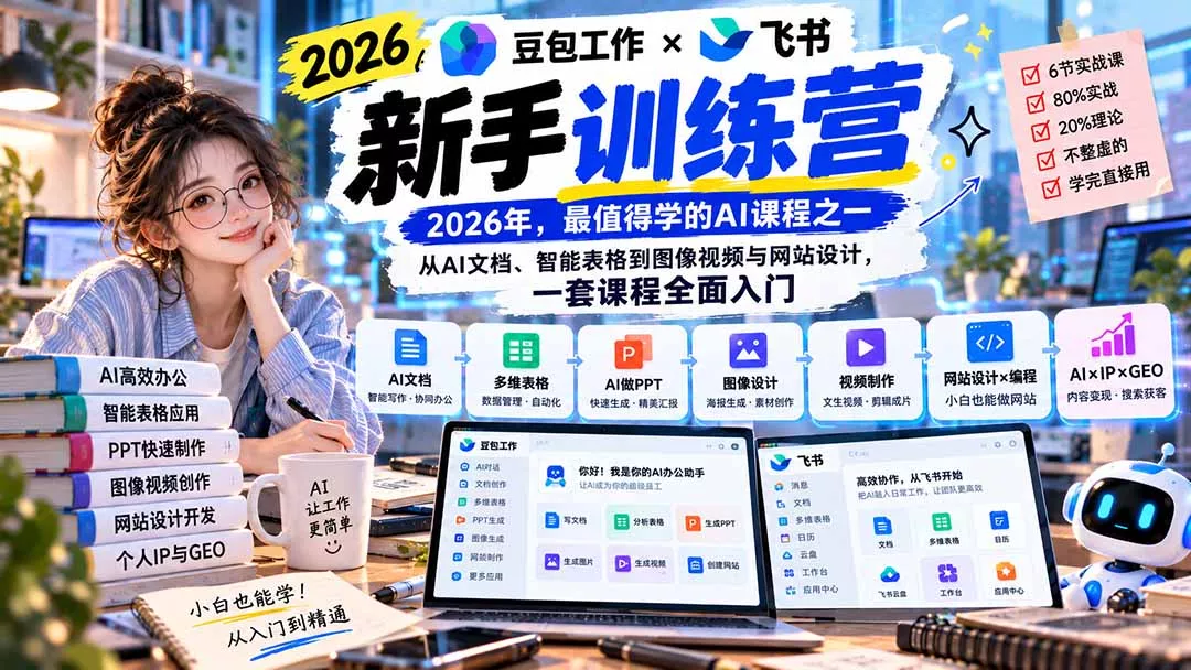 2026豆包工作+飞书新手训练营-9月新课:从AI文档、智能表格到图像视频与网站设计,一套课程全面入门-羽哥创业课堂