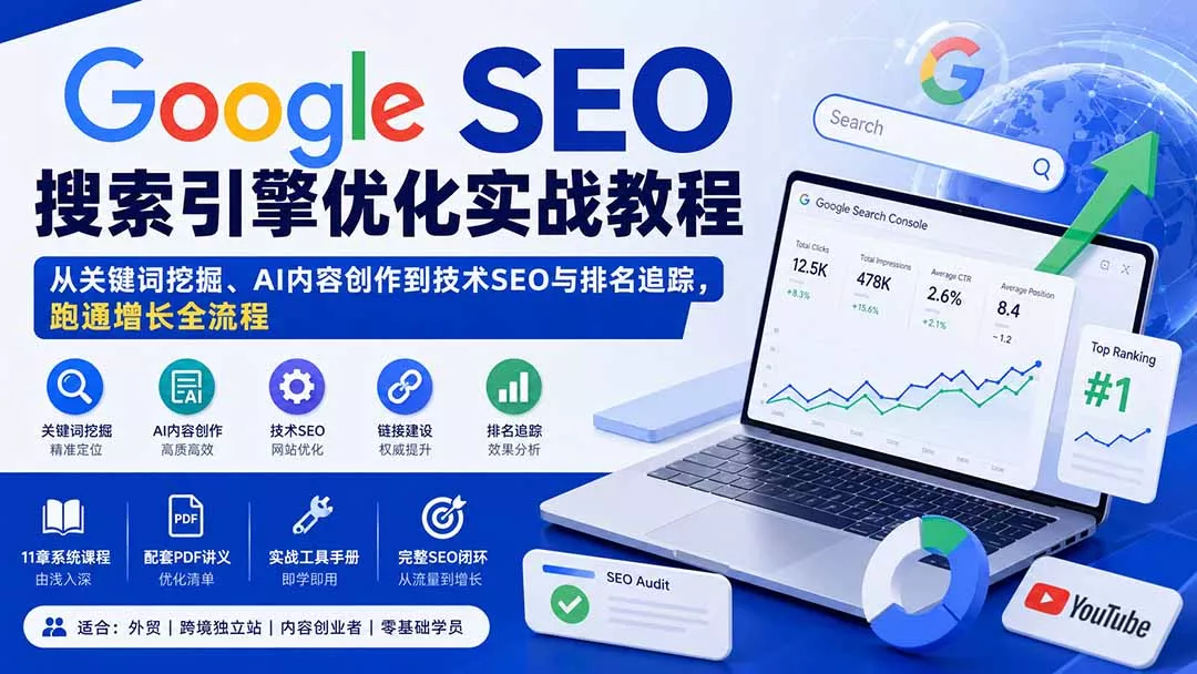 Google SEO搜索引擎优化实战教程:从关键词挖掘、AI内容创作到技术SEO与排名追踪,跑通增长全流程-羽哥创业课堂