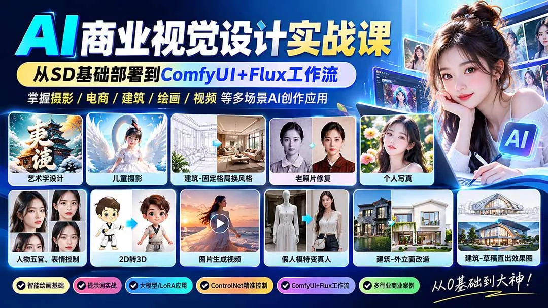 【无水印】AI商业视觉设计实战课:从SD基础部署到ComfyUI+Flux工作流,掌握摄影电商建筑AI创作-羽哥创业课堂