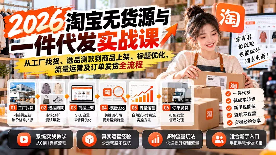 2026淘宝无货源与一件代发实战课:从工厂找货、选品测款到商品上架、标题优化、流量运营及订单发货全流程-羽哥创业课堂