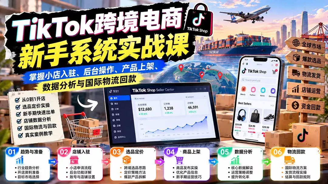 TikTok跨境电商新手系统实战课:掌握小店入驻、后台操作、产品上架、数据分析与国际物流回款 TikTok跨境电商新手系统实战课:掌握小店入驻、后台操作、产品上架、数据分析与国际物流回款