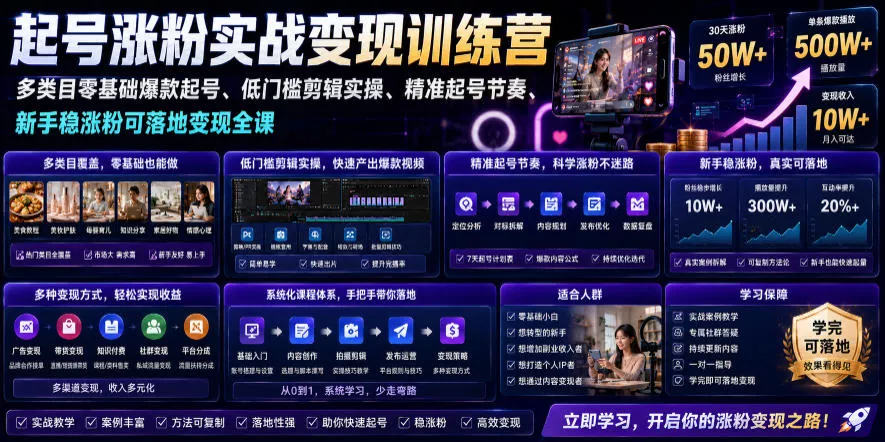 苗子起号涨粉实战变现训练营,多类目零基础爆款起号、精准起号节奏、新手稳涨粉可落地变现全课(更新0719)-羽哥创业课堂