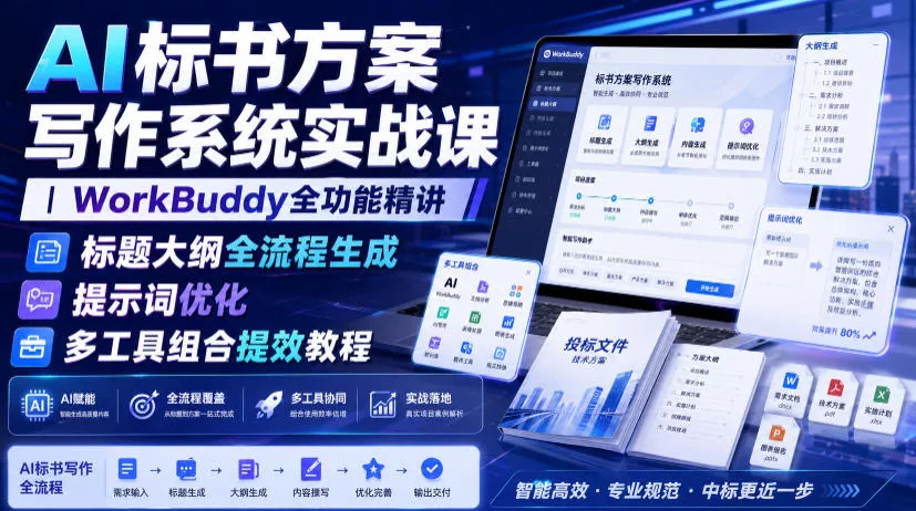 AI标书方案写作系统实战课|WorkBuddy全功能精讲・标题大纲全流程生成・提示词优化・多工具组合提效教程-羽哥创业课堂