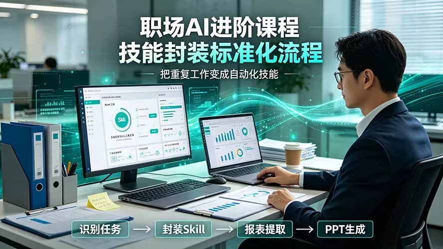 职场AI进阶课程；多类实用Skill工具实操，专属技能封装标准化流程，报表行业报告一键提取核心内容-羽哥创业课堂