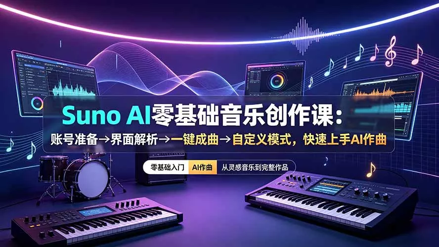 Suno AI零基础音乐创作课：账号准备→界面解析→一键成曲→自定义模式，快速上手AI作曲-羽哥创业课堂